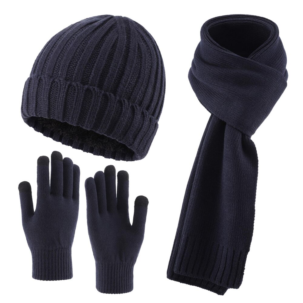 4599 Knit Beanie Hat Scarf Gloves Set Fleece Lined Winter Hats Touchscreen